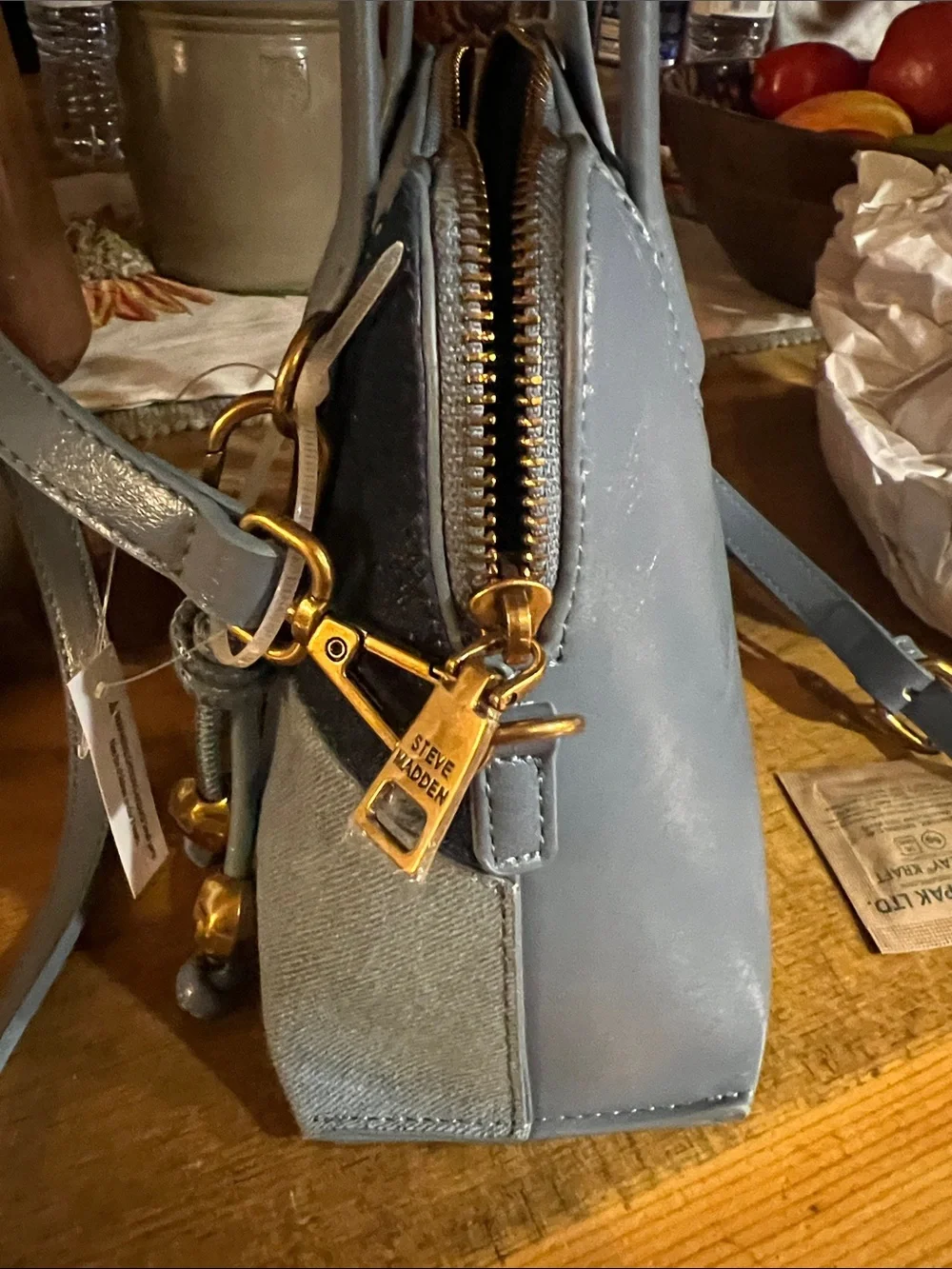 Steve Madden Patchwork Denim Satchel in Light Blue and Dark Blue